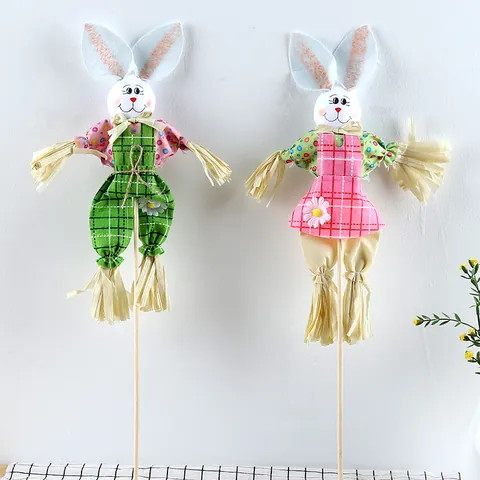 Colorful Easter Bunny Scarecrow Decoration Fabric Straw Rabbit Stake For Garden Kindergarten Party Indoor Decor