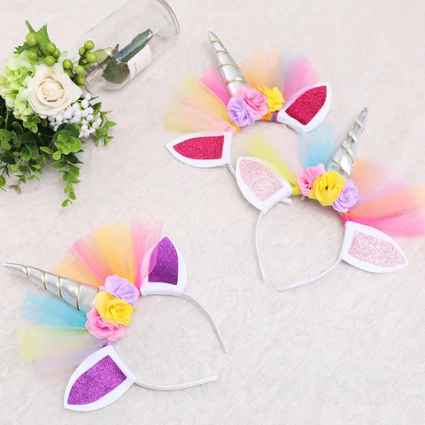 Diadema de Unicornio Linda Dibujos Animados Plástico Malla Tela Flor Diadema Para Niños Niñas Fiesta de Cumpleaños Accesorios para el Cabello