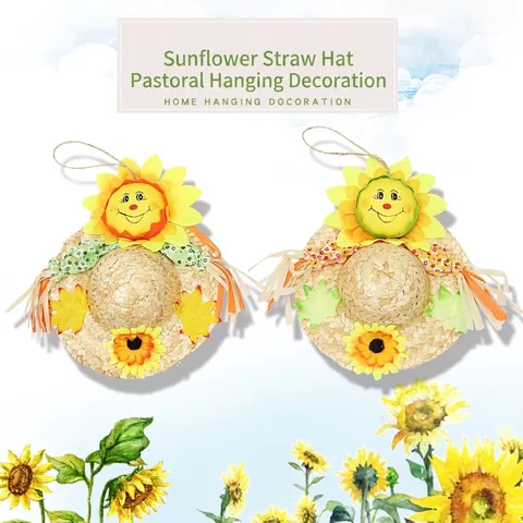 Pastoral Sunflower Straw Hat Hanging Decoration With Smiley Face Scarecrow Style Pendant For Halloween Party Home Kindergarten Decor