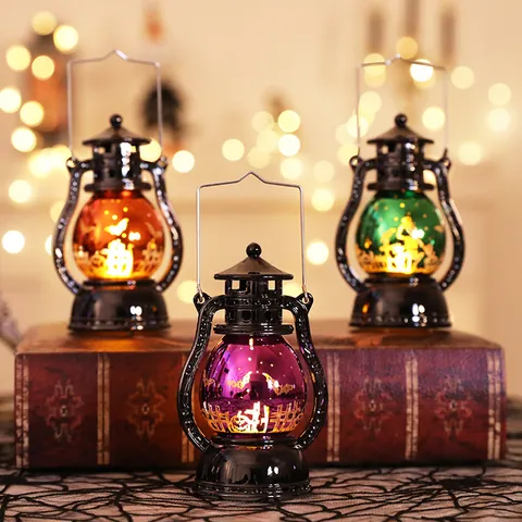 Retro Halloween Handheld Electronic Oil Lamp Electroplated Resin Pumpkin Bat Decorative Tabletop Ornament Party Decor