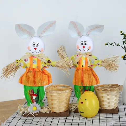 Easter Bunny Basket Decoration Handmade Bamboo Basket Rabbit Figurine For School Kindergarten Home Tabletop Ornament Gift