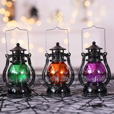 Retro Halloween Handheld Electronic Oil Lamp Electroplated Resin Pumpkin Bat Decorative Tabletop Ornament Party Decor