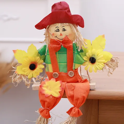 Halloween Scarecrow Swing Hanging Decoration Autumn Fall Pumpkin Party Decor Fabric Scarecrow With Sunflower Maple Leaf Ornament For Home School Yard