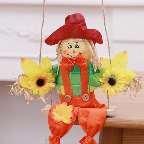 Halloween Scarecrow Swing Hanging Decoration Autumn Fall Pumpkin Party Decor Fabric Scarecrow With Sunflower Maple Leaf Ornament For Home School Yard