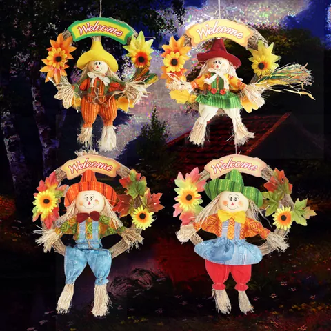Halloween Scarecrow Wreath Welcome Sign Hanging Decoration for Mall Bar Autumn Harvest Decor Sunflower Maple Leaf Plaid Doll