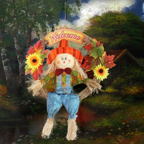Halloween Scarecrow Wreath Welcome Sign Hanging Decoration for Mall Bar Autumn Harvest Decor Sunflower Maple Leaf Plaid Doll
