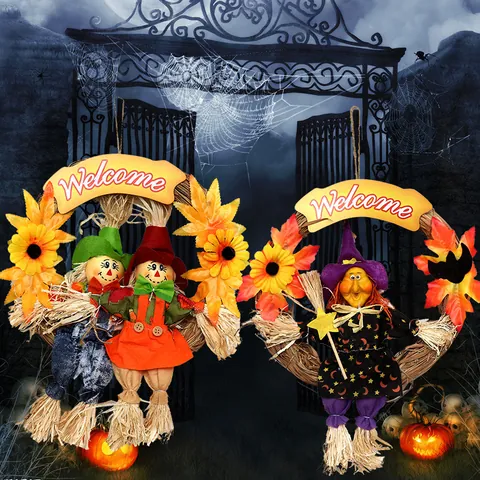 Halloween Hanging Wreath Scarecrow Girl Witch Decoration Straw Welcome Sign For Bar Party Home Festive Ornament