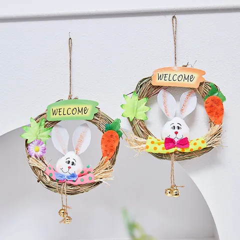 Easter Bunny Straw Wreath Hanging Decoration With Welcome Sign Carrot Bell For Home Kindergarten Rustic Festive Wreath Decor