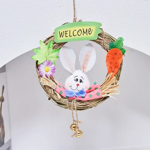 Easter Bunny Straw Wreath Hanging Decoration With Welcome Sign Carrot Bell For Home Kindergarten Rustic Festive Wreath Decor