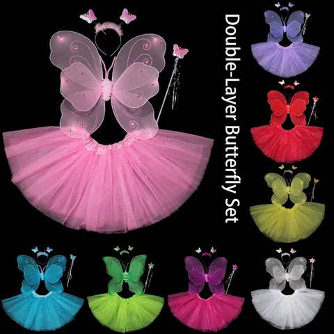 Double Layer Rhinestone Butterfly Fairy Wings Set With Tutu Skirt Magic Wand Headband For Girls Performance Costume Party