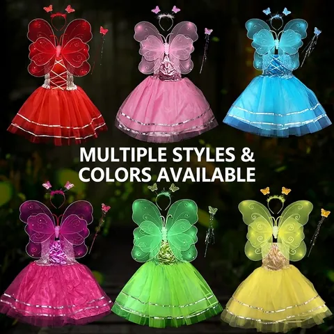 Kids Butterfly Fairy Angel Wings Princess Tutu Mesh Dress Outfit For Performance Halloween Party Girls Cosplay Costume