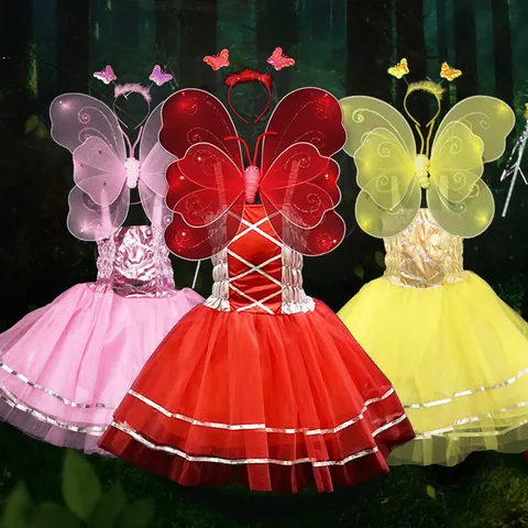 Kids Butterfly Fairy Angel Wings Princess Tutu Mesh Dress Outfit For Performance Halloween Party Girls Cosplay Costume