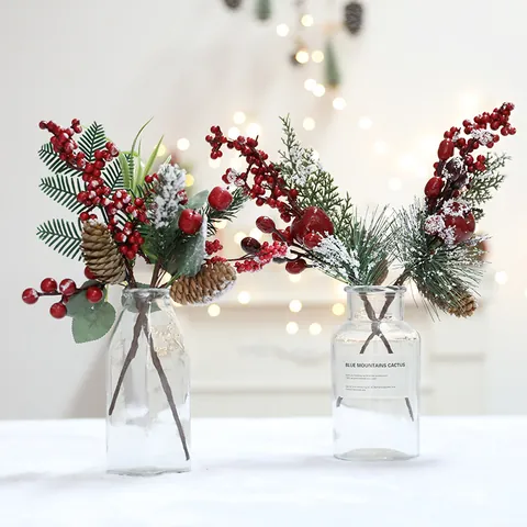 Christmas Artificial Pine Branch With Pine Cones Red Berries Frosted Snow Cedar Branch For Holiday Desktop Party Decor