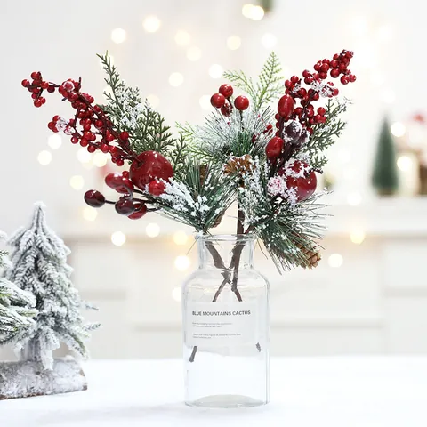Christmas Artificial Pine Branch With Pine Cones Red Berries Frosted Snow Cedar Branch For Holiday Desktop Party Decor