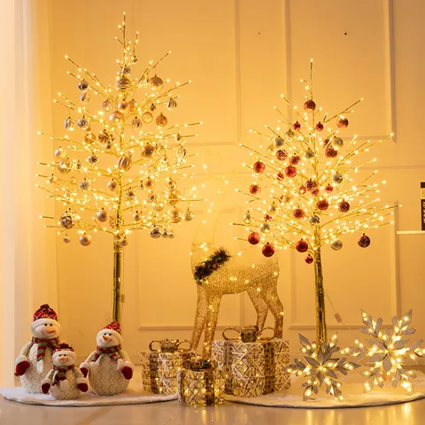 Árbol de Navidad Dorado Preiluminado LED Árbol de Ramas de Abedul Artificial Luz Cálida Decoración Navideña Reno Muñeco de Nieve