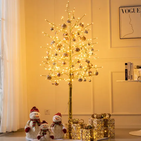 Árbol de Navidad Dorado Preiluminado LED Árbol de Ramas de Abedul Artificial Luz Cálida Decoración Navideña Reno Muñeco de Nieve