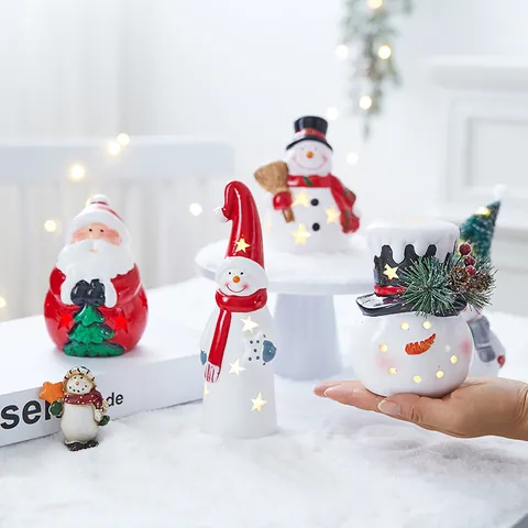 Statuina in Ceramica di Natale Pupazzo di Neve Babbo Natale Ornamento Luminoso LED per Decorazioni Tavola Finestra Festa