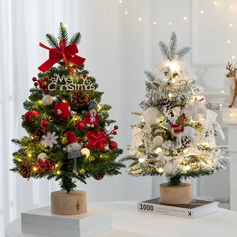Mini Sapin de Noël Rotatif de Table Avec Musique et Lumières LED Chaudes PE PVC Bois Arbre de Pin Artificiel Floconné Décoration de Fête de Noël