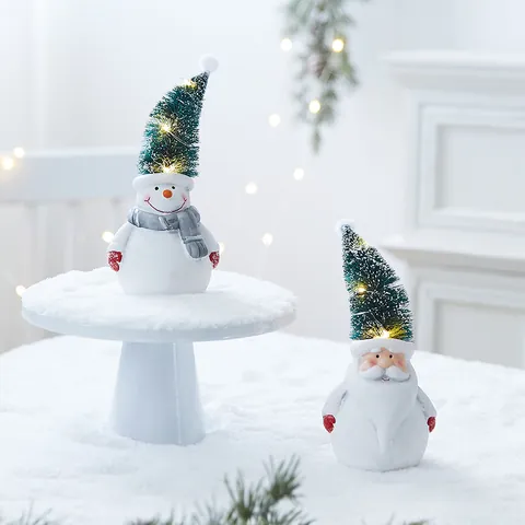 Statuina in Ceramica di Natale Pupazzo di Neve Babbo Natale Ornamento Luminoso LED per Decorazioni Tavola Finestra Festa