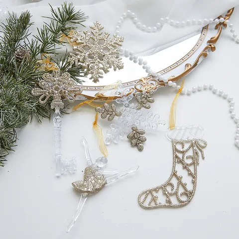 Champagnergold Weihnachtsschmuck Glitzer Schneeflocke Anhänger Ballett Mädchen Elch Stern Socken Baum Hängende Festliche Feiertag Dekorationen