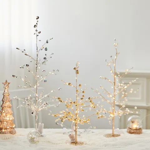 Nordic LED Lighted Christmas Tree Tabletop Ornament With Artificial Pearl Rhinestone Creative Desktop Holiday Decor