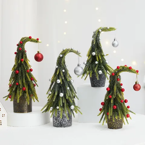 Sapin de Noël Artificiel à Col Tordu PE Simulation Sommet Incliné Ornement de Bureau Avec Boules Décoration d'Ambiance Festive