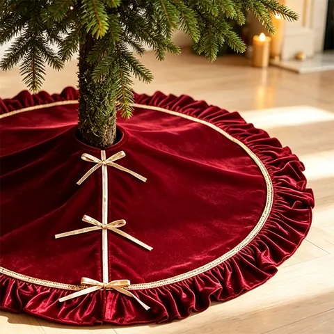 Red Velvet Christmas Tree Skirt With Gold Bowknot Ruffle Edge Decorative Tree Mat For Holiday Party Mall Hotel Home Decor