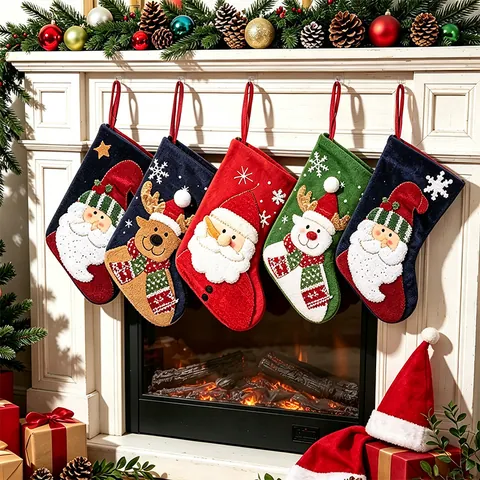 Set Of 4 Christmas Stocking Gift Bags Non-woven Fabric Santa Snowman Applique Stockings Hanging Tree Ornament For Holiday Decoration