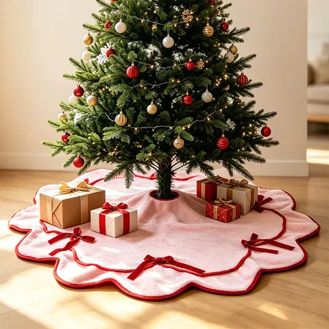 Plush Faux Rabbit Fur Christmas Tree Skirt With Bowknot Ribbon Scalloped Edge For Holiday Home Xmas Tree Base Decoration