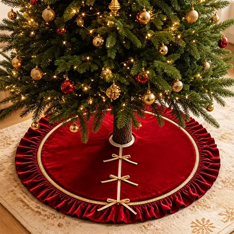 Red Velvet Christmas Tree Skirt With Gold Bowknot Ruffle Edge Decorative Tree Mat For Holiday Party Mall Hotel Home Decor