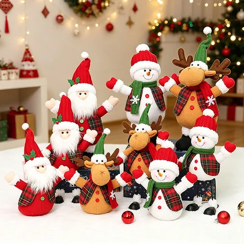 Adornos de Muñecas de Tela de Navidad Chaleco de Cuadros Peluche Papá Noel Muñeco de Nieve Reno Figuritas Atmósfera Festiva Decoración del Hogar