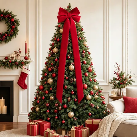Large Christmas Velvet Bow Tree Topper Wine Red Ribbon Decoration For Mall Hotel Home Party Xmas Tree Hanging Ornament
