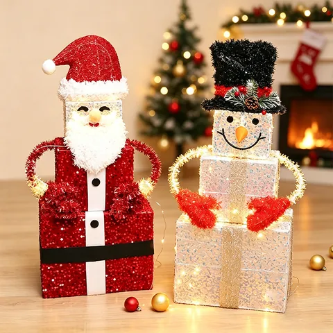 LED Glowing Christmas Santa Claus Snowman Gift Box 3D Ornaments Iron Frame Sequin Fabric Holiday Home Decor Lighted Statues