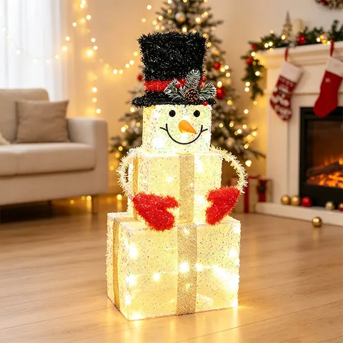 LED Glowing Christmas Santa Claus Snowman Gift Box 3D Ornaments Iron Frame Sequin Fabric Holiday Home Decor Lighted Statues