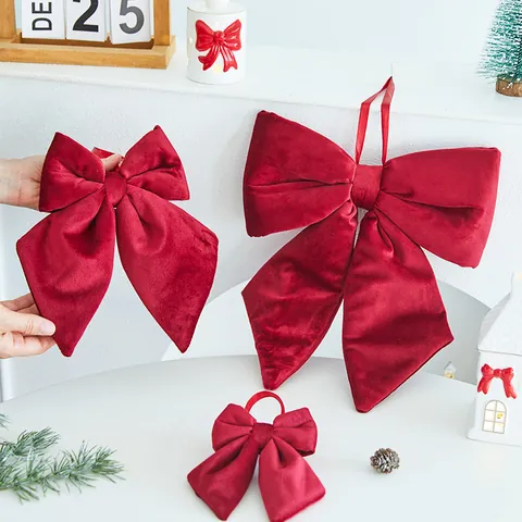 Red Christmas Bow Hanging Ornament Plush Velvet Long Tail Bowknot For Christmas Tree Scene Decoration Festive Home Decor