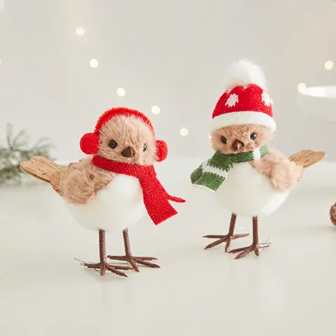 Christmas Bird Plush Figurine Decorative Bird Ornament With Hat And Scarf For Home Table Christmas Tree Xmas Party Decor