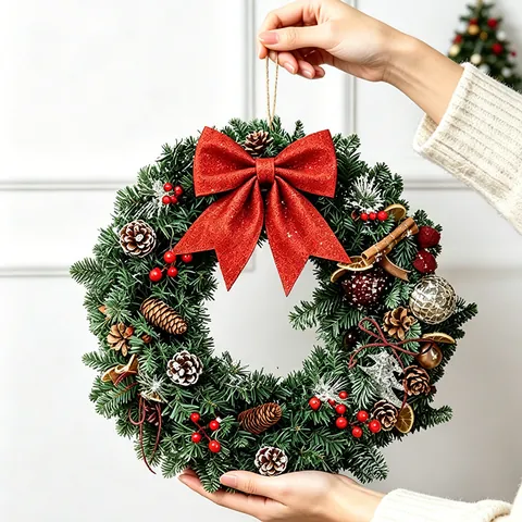 Couronne de Noël Artificielle Avec Nœud Rouge Pommes de Pin Baies Verdure Festive pour Porte d'Entrée Mur Hôtel Centre Commercial