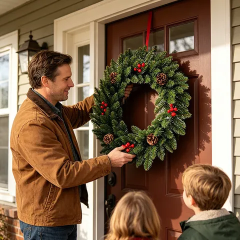 Christmas Wreath Artificial Pine Needles Red Berries Pine Cones Door Hanging Xmas Garland Indoor Home Festival Decoration