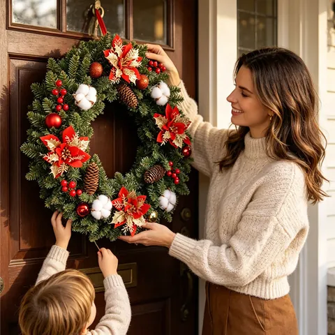 Künstlicher Weihnachtskranz Mit LED-Lichtern Kiefernnadeln Zapfen Blumen Kugeln Für Haustür Wand Fenster Party Deko