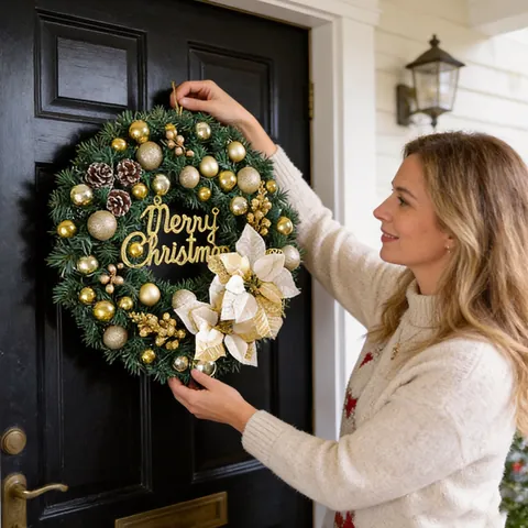Glowing Artificial Christmas Wreath LED Light Wreath Front Door Hanging Decor Pine Cones Berries Merry Christmas Sign Ornament Wreath For Mall Hotel Home Party