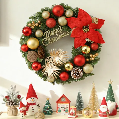 Weihnachtskranz aus PVC Mit Kiefernzapfen Roten Blumen Goldkugeln Merry Christmas Schild Künstliche Grünpflanze Deko