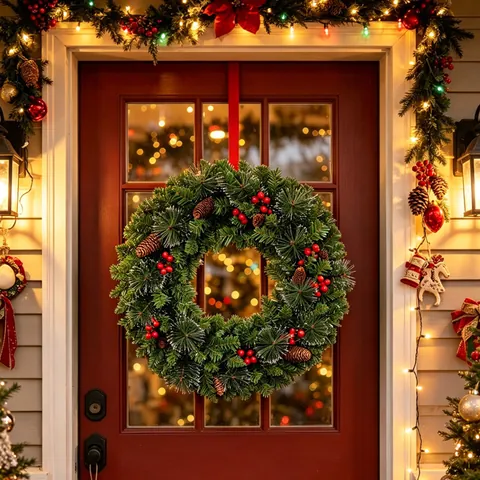 LED Lighted Christmas Wreath With Pine Cones Red Berries PVC Artificial Greenery For Front Door Window Mall Hotel Decoration