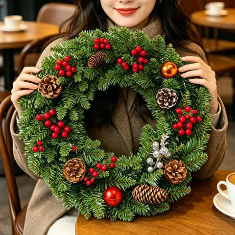 LED Lighted Christmas Wreath With Pine Cones Red Berries PVC Artificial Greenery For Front Door Window Mall Hotel Decoration
