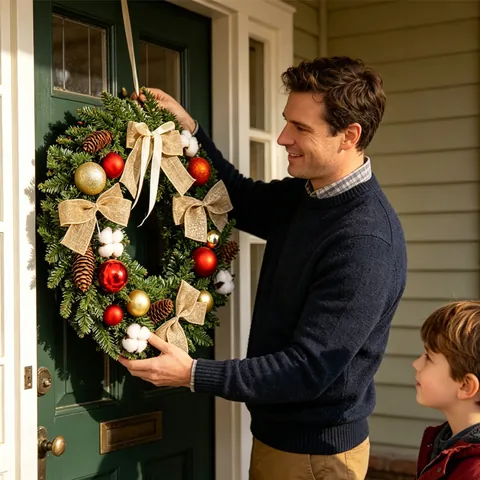 Artificial Christmas Wreath with Pine Cones Bows and Balls Front Door Hanging Festive Holiday Home Wall Party Decorations