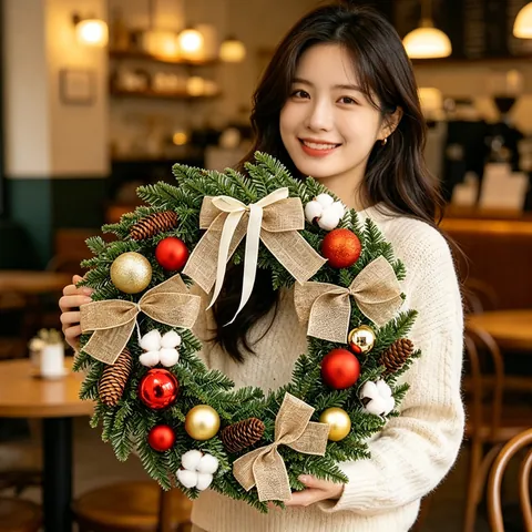 Artificial Christmas Wreath with Pine Cones Bows and Balls Front Door Hanging Festive Holiday Home Wall Party Decorations