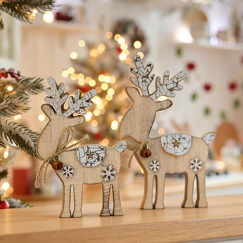 Christmas Wooden Reindeer Tabletop Ornament Nordic Vintage Style Deer Figurine With Glitter Snowflake Pattern For Xmas Decor