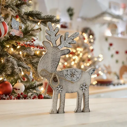 Christmas Wooden Reindeer Tabletop Ornament Nordic Vintage Style Deer Figurine With Glitter Snowflake Pattern For Xmas Decor