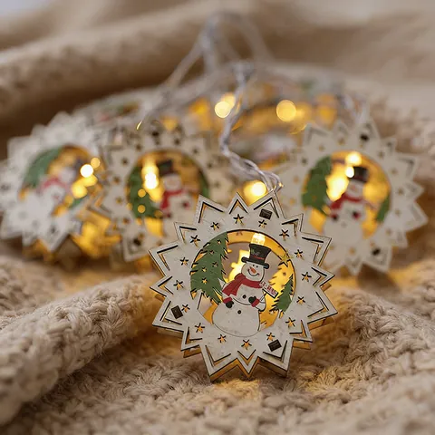 White Wooden LED Christmas String Lights Hollow House Santa Reindeer Snowman Pattern Warm Lighting For Xmas Indoor Hanging Decoration