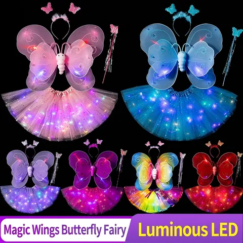 LED Luminous Butterfly Wings Costume Set For Girls Kids Fairy Princess Wings Wand Headband Star Sequin Tutu Skirt Performance Party Dress Up