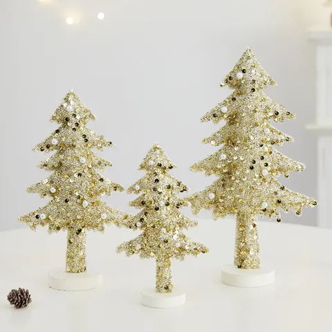 Sequin Non-Woven 3D Christmas Tree Tabletop Decoration With Artificial Pearls For Mall Hotel Home Christmas Party Decor